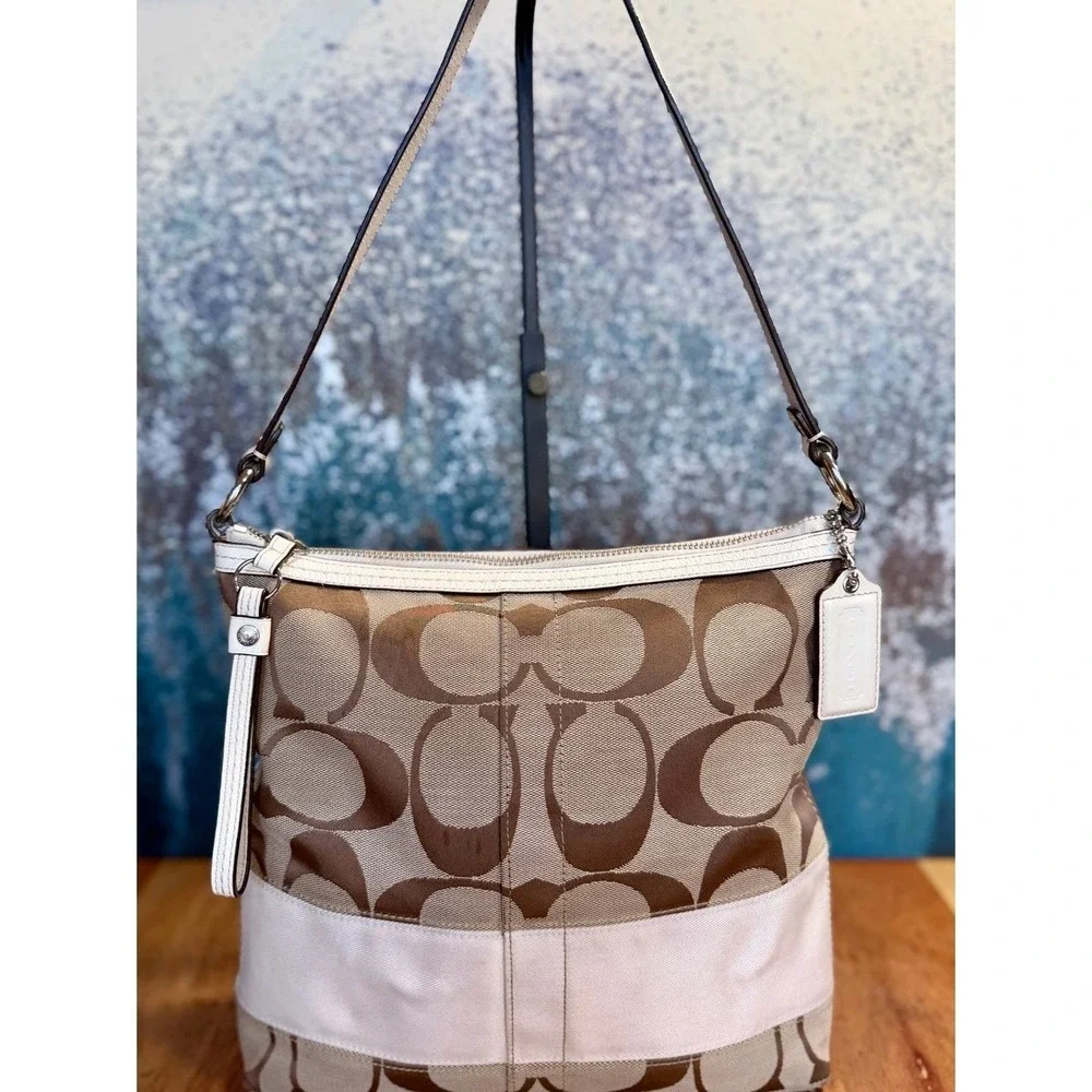 Coach Y2K 2009 Signature Stripe Canvas Hobo Bag Khaki Ivory GUC